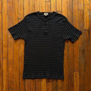 Sissy‎ by Kansai Yamamoto Henley Ribbed TShirt Women Size L Black Gray Stripe SS